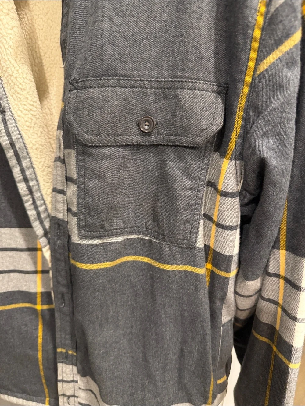The North Face Men's Gray Plaid Sherpa Shirt Jacket with Yellow Accents